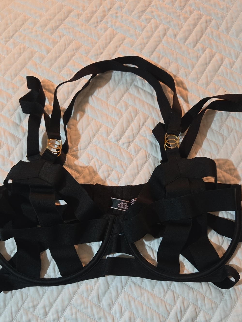Black Strappy Underwire Bra with Gold Rings - Women Intimates